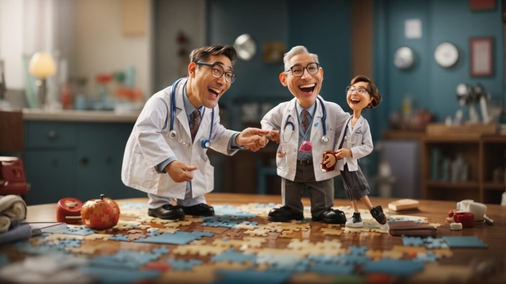 Cartoon of a doctor and a puzzle-like patient laughing together, representing the humor in anatomy riddles.