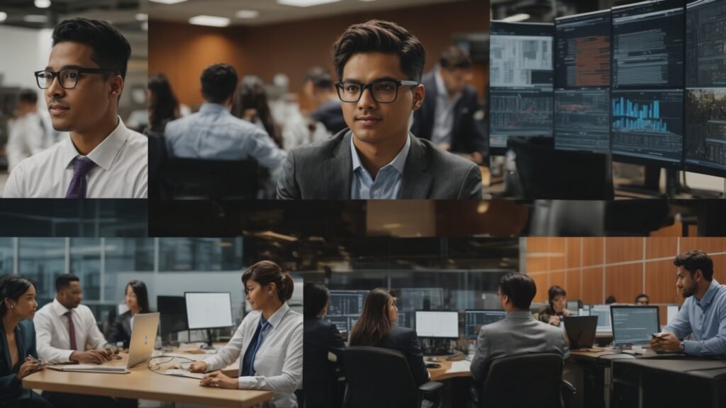 Collage of MIS graduates in various roles: systems analyst in corporate office, healthcare IT specialist, business analyst, and IT project manager.