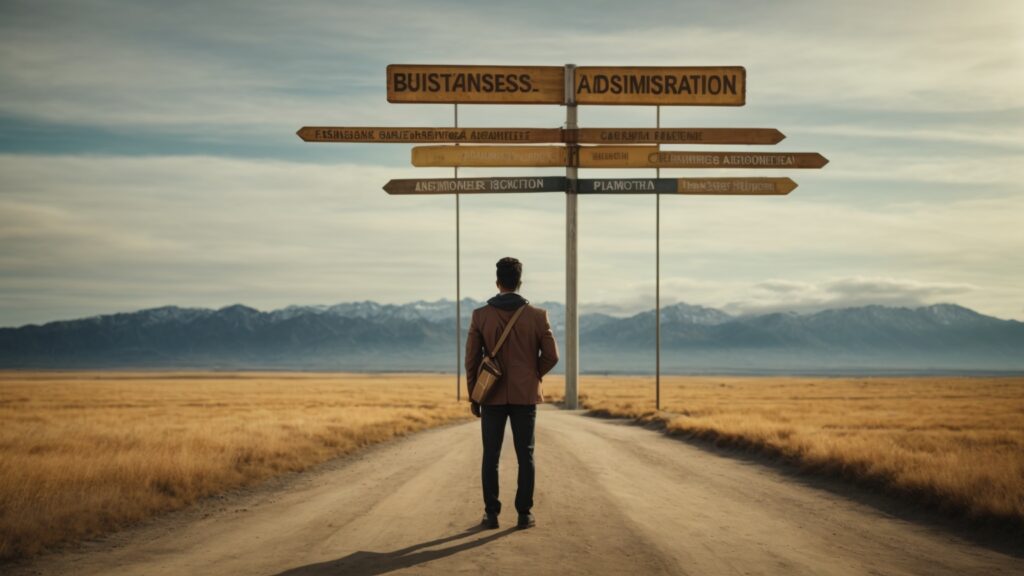 Conceptual image of a student holding a 'Business Administration' key at a crossroads of diverse career paths.