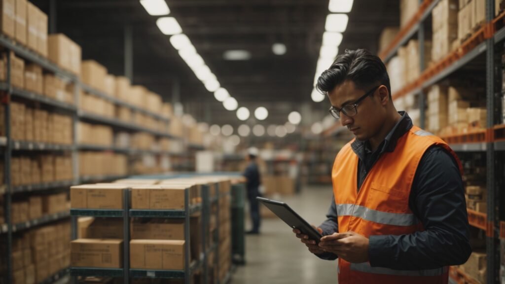 Warehouse manager using Fidelio inventory management on a tablet, with automated robots in the background.