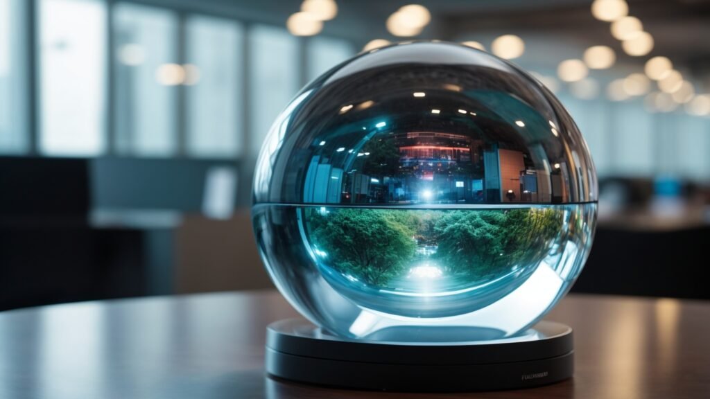 Crystal ball on a desk showing futuristic MIS trends like AI and cloud computing, surrounded by professionals engaging with advanced technologies.
