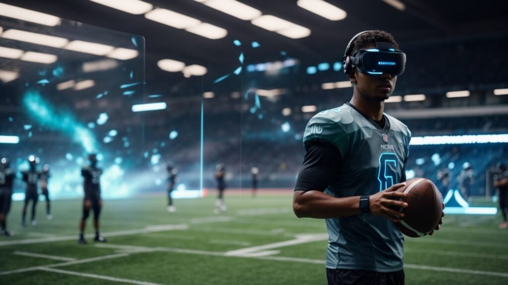 Futuristic VR quarterback training setup with a holographic football field, AI coaching, and a player in a haptic feedback suit.