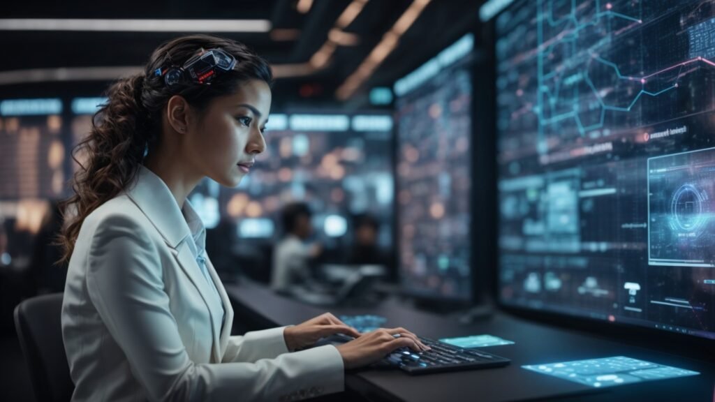 Visionary network manager engaging with holographic displays of AI, cloud computing, and advanced network tools in a futuristic setting.