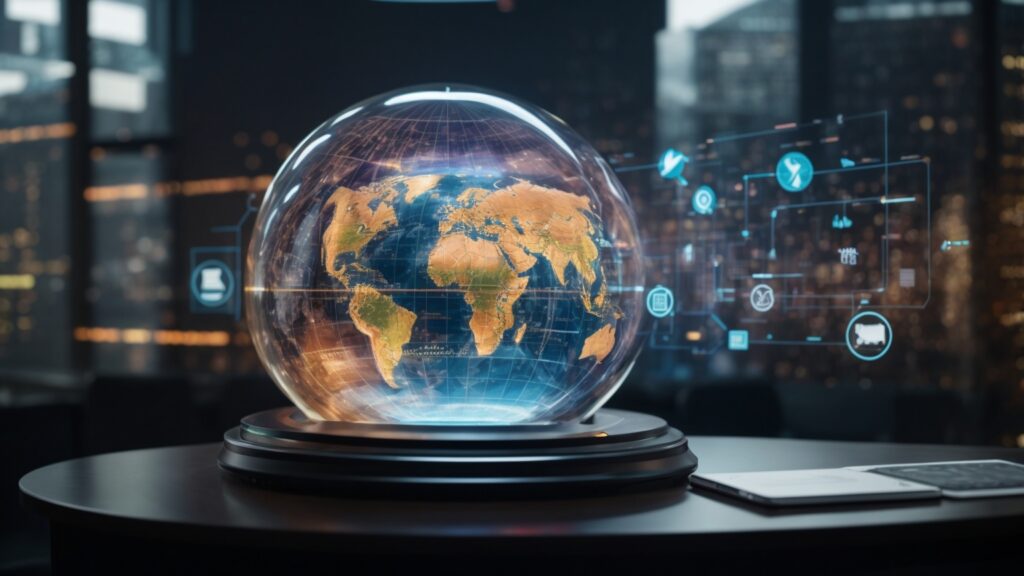 Futuristic depiction of a holographic globe with icons and graphs showing trends in business education like AI and sustainability.