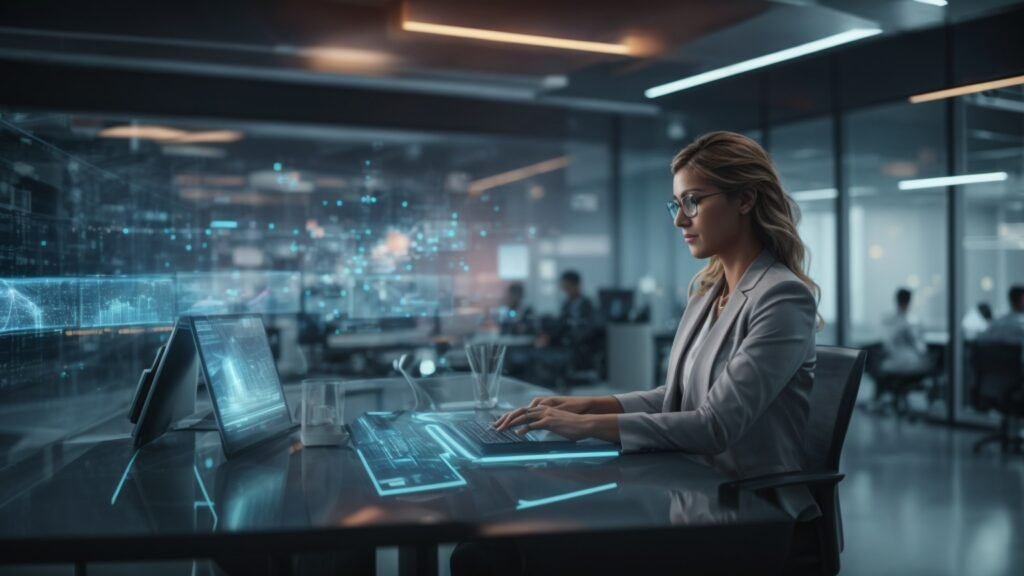 Futuristic office scene with a professional interacting with holographic displays of AI, cloud computing, and blockchain in MIS.