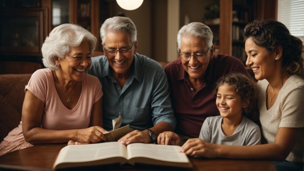 Family of different ages smiling and sharing anatomy riddles from a book, symbolizing cross-generational appeal.