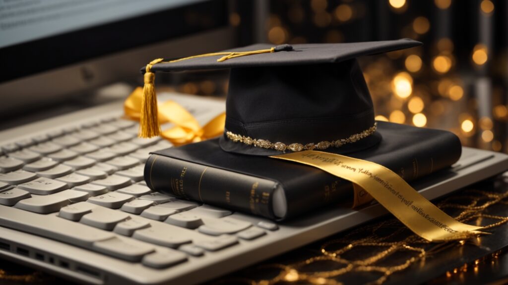 Graduation cap and diploma on a computer keyboard, set against a backdrop of binary code, depicting the job significance.