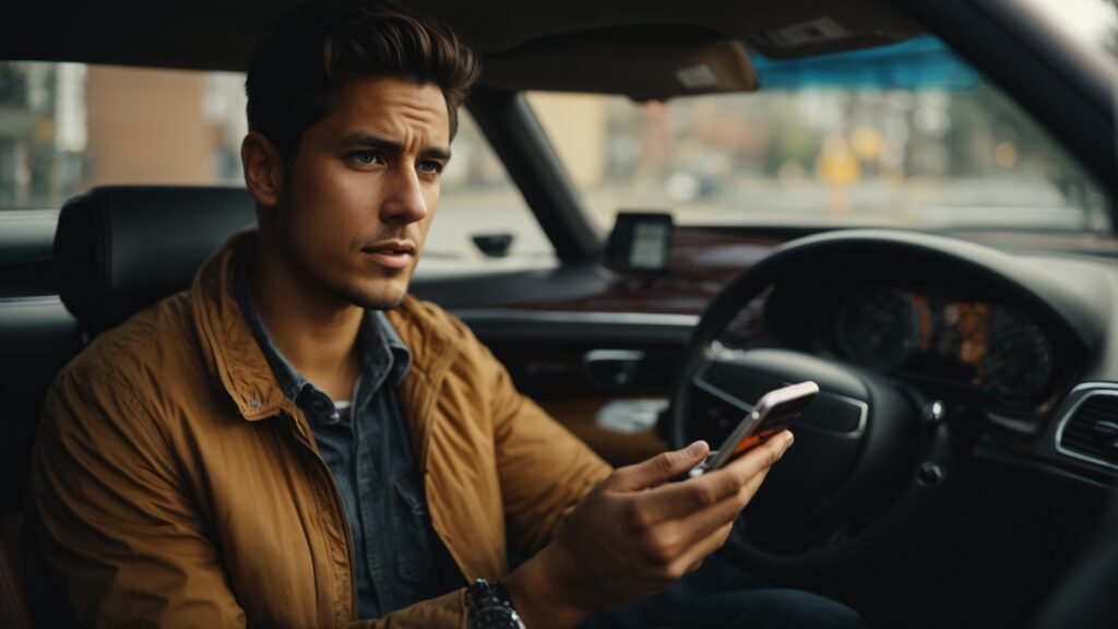 Realistic image of a car owner holding an AirTag and a smartphone in a car, with a puzzled expression.