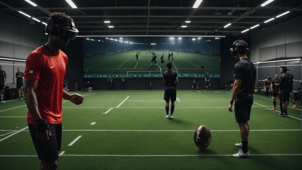 Side-by-side comparison of traditional football training on a field and a player in a VR setup with a 3D virtual football field.