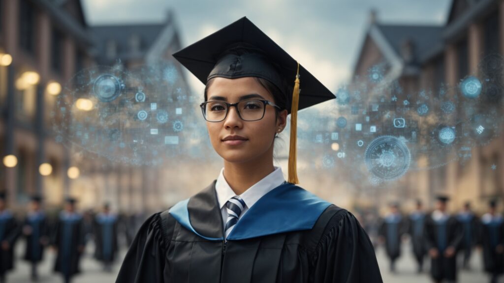 Graduate holding a CIS diploma, overlaid with tech symbols, with a background of a university campus scene.