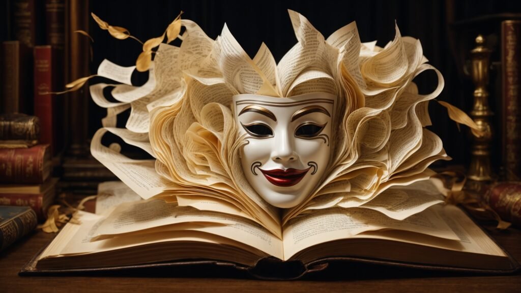 An open book with pages morphing into a comedy mask, encircled by anatomy riddles and expressions of laughter.