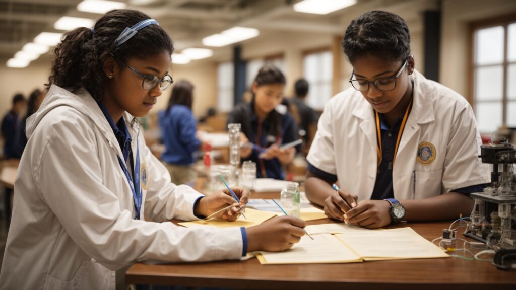 Split image showing students engaged in a science experiment and a student receiving college acceptance, symbolizing the multifaceted benefits of Science Olympiad participation.