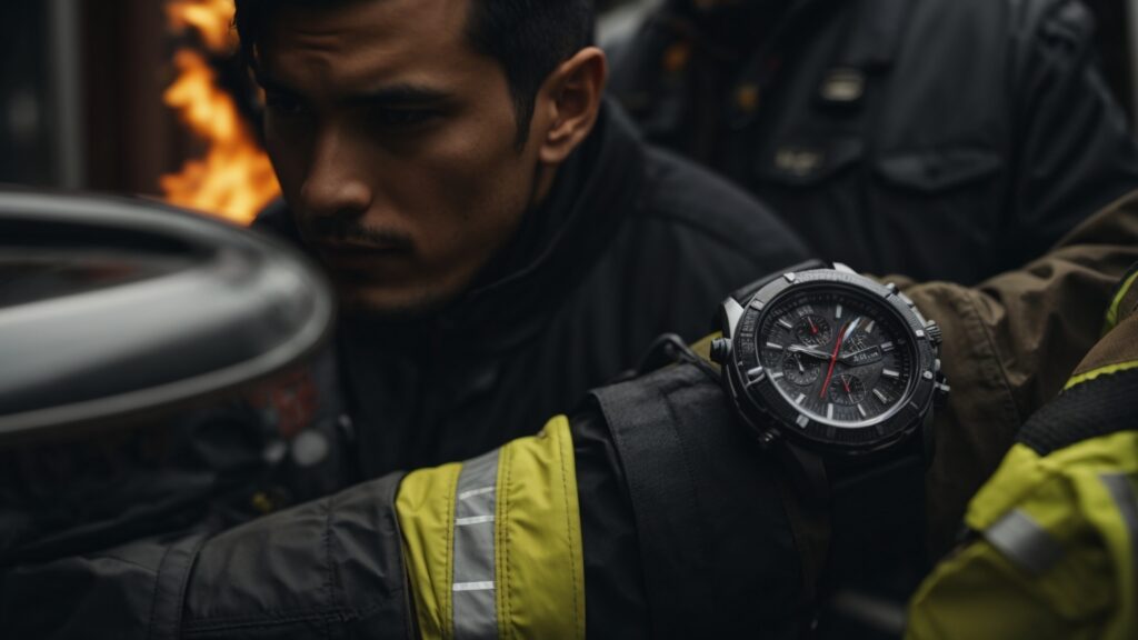 Firefighter at a social event, showcasing a stylish and functional fireproof watch in sleek black and grey tones.