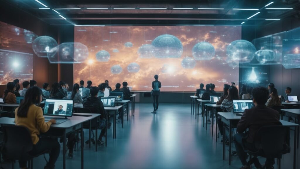Futuristic MIS classroom with holographic displays of AI, cloud computing, and cybersecurity trends.