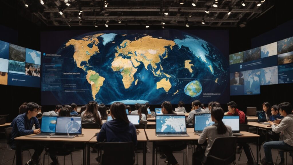 Global map with students participating in an international virtual Science Olympiad, illustrating worldwide networking and collaborative opportunities.