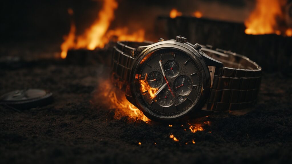 Split-screen comparison of a standard watch damaged by fire and a resilient fireproof watch enduring intense flames.