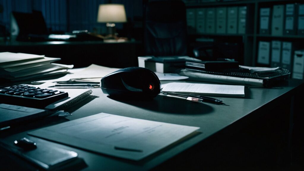 Ominous shadow over a cluttered office desk with a hidden surveillance bug, symbolizing the threat of corporate espionage.