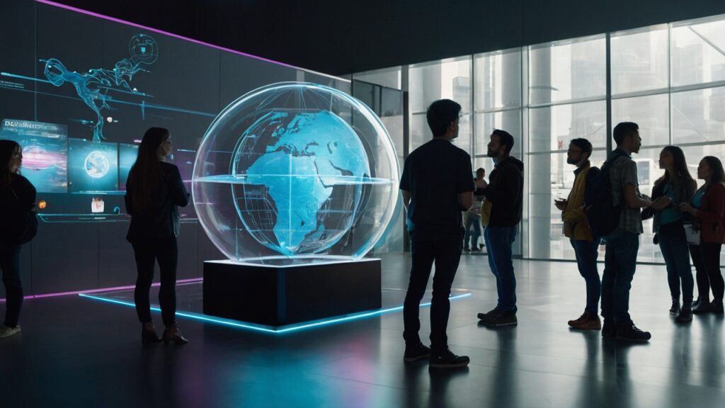 Attendees at a tech conference interact with a holographic kiosk displaying a 3D hologram of a globe.