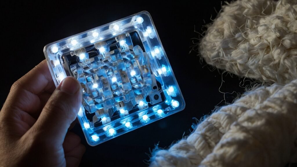 Side-by-side comparison of LED lights covered with safe versus risky materials, illustrating the importance of material choice.