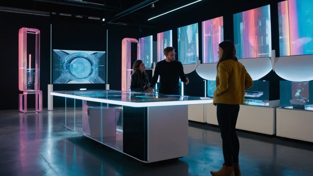 Designers in a studio explore futuristic holographic kiosk designs, displaying 3D models of landscapes and products.