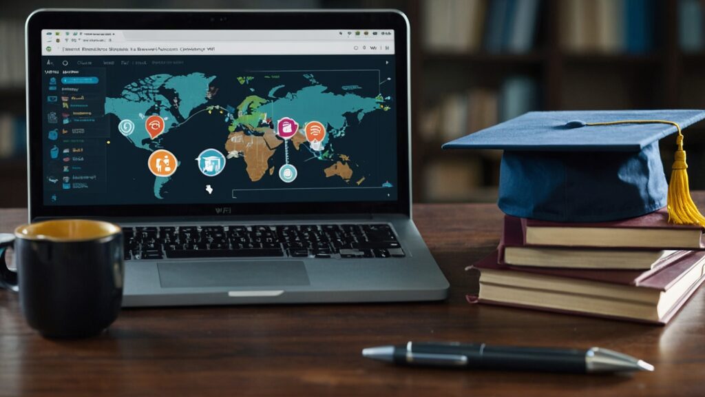 Laptop with graduation cap and icons symbolizing the benefits of online business degrees like flexibility and global access.