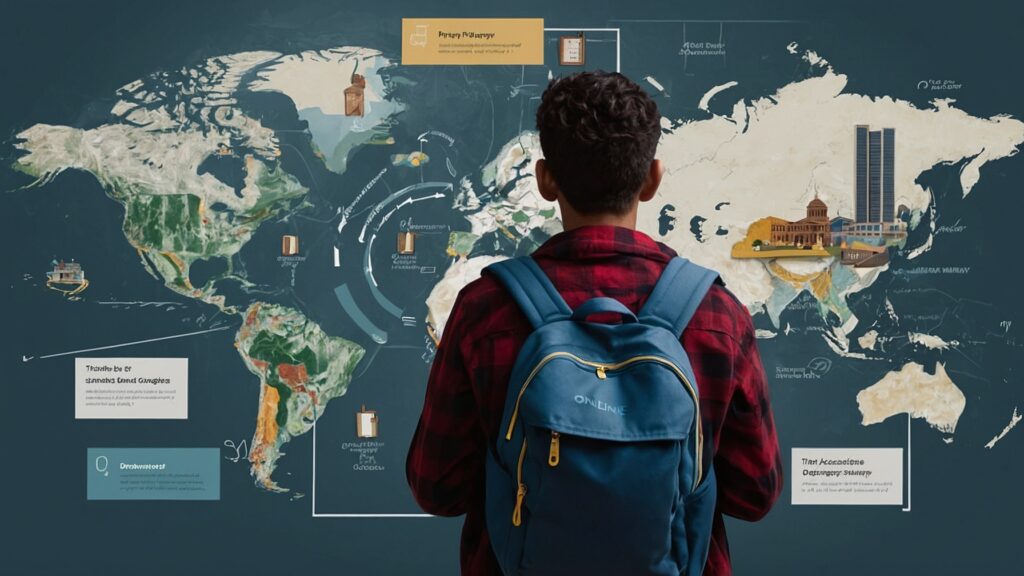 Illustration of a student at a crossroads with signposts for different degree pathways and a map of academic disciplines.