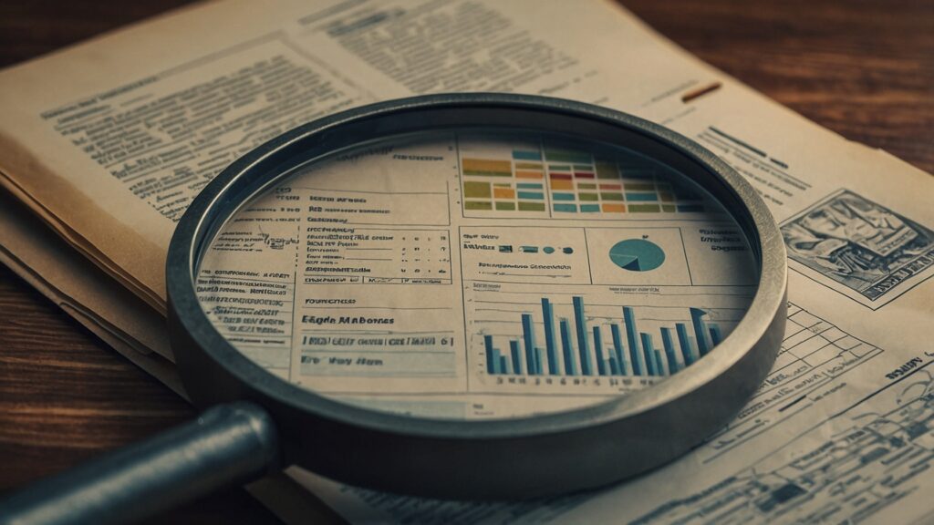 Magnifying glass highlighting icons of business specializations like finance and marketing on a parchment background.
