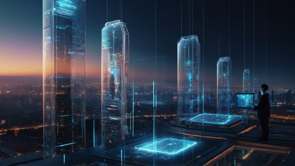 Futuristic cityscape with advanced 5G towers and a digital display showing EMF protection metrics and AI adaptation.