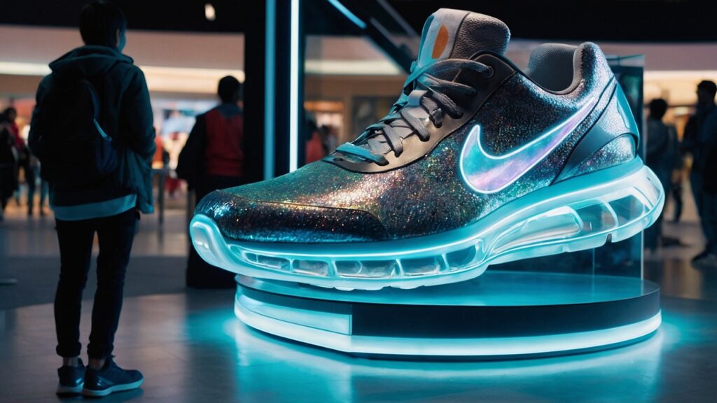 Shoppers in a mall engaging with a holographic kiosk displaying a rotating 3D sneaker.