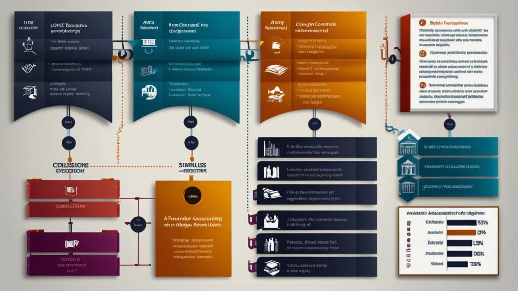 Infographic showing the hierarchy of college degrees with icons for various disciplines, using a color transition from warm to cool to represent educational progression.