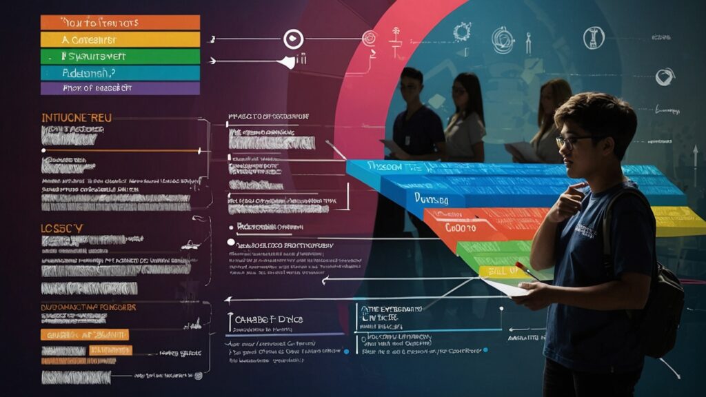 Animated image of students discussing a 3D pie chart of bachelor degree types with color-coded sections and field-specific icons, symbolizing the exploration of degree options.