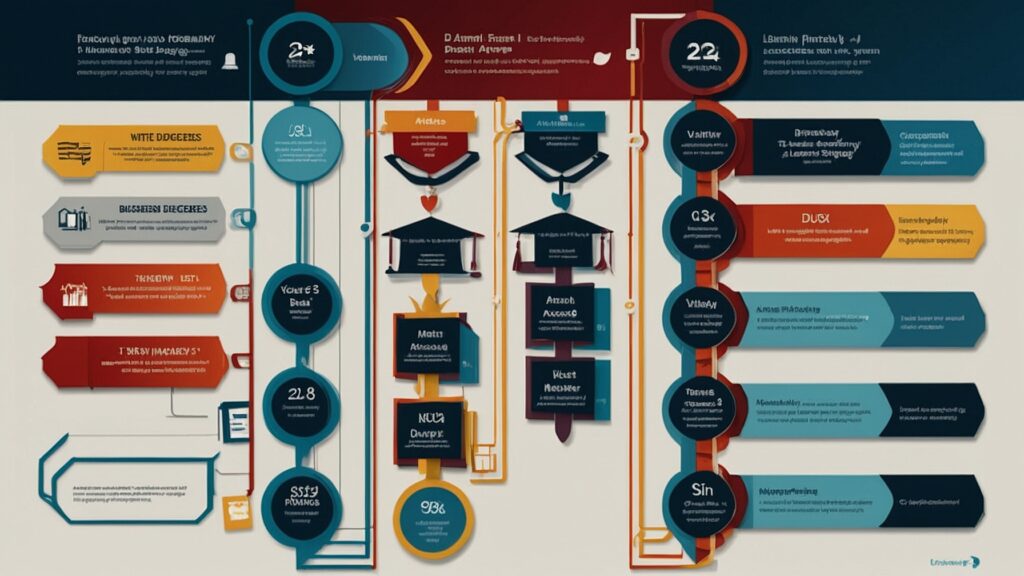 Infographic showing business degrees progression from Associate to Doctorate with icons and brief descriptions.