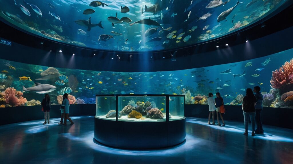 Visitors immersed in an underwater-themed exhibition created by holographic kiosks, surrounded by 3D holographic sea life.