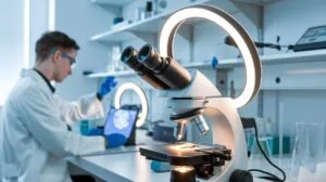A scientist in a lab coat and blue gloves is examining a tablet in a bright, modern laboratory setting, with a large, illuminated microscope prominent