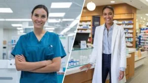 A split image shows two women smiling at the camera: on the left, a woman in teal scrubs stands with crossed arms in a brightly lit medical setting, a