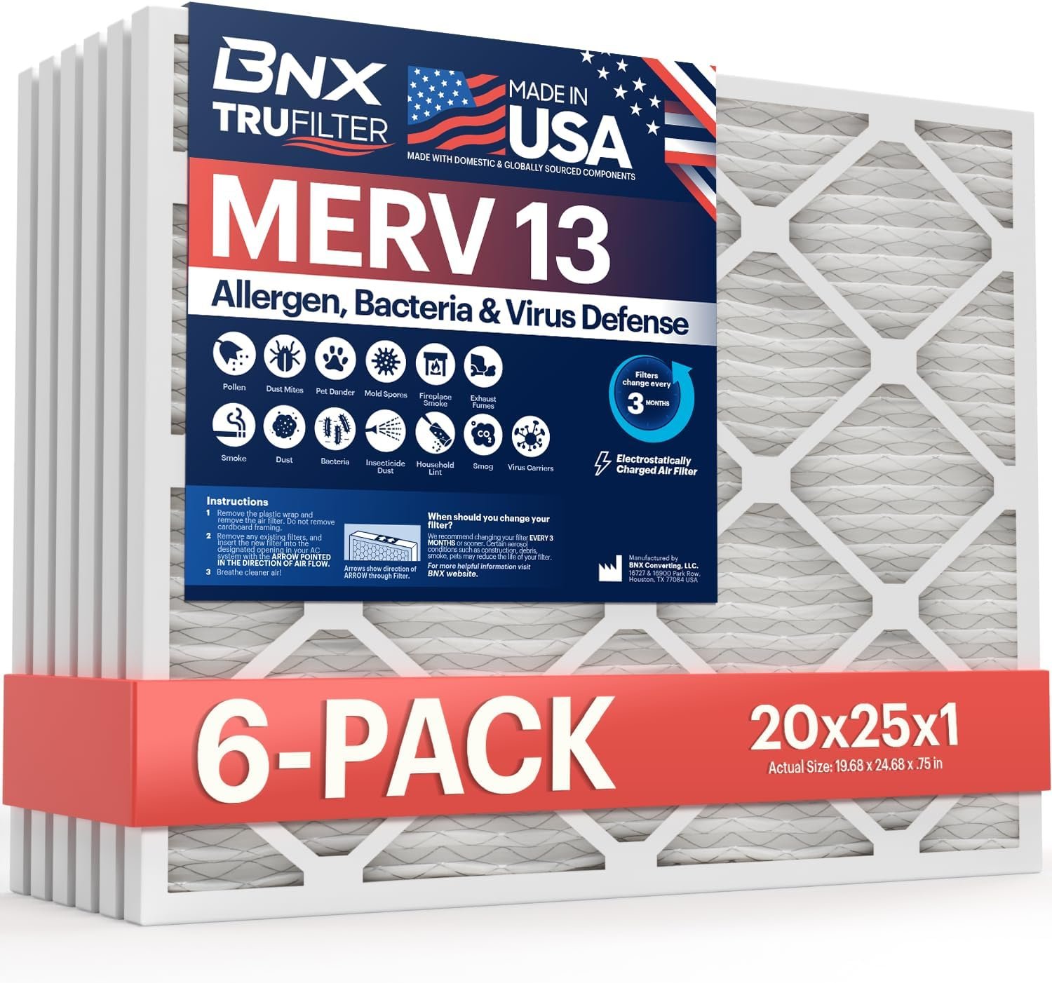 BNX TruFilter 20x25x1 Air Filter MERV 13 (6-Pack)