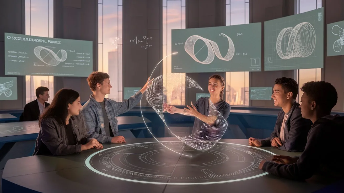 A group of six young professionals collaborate around a modern circular table, with holographic displays projected above the table and on large screen