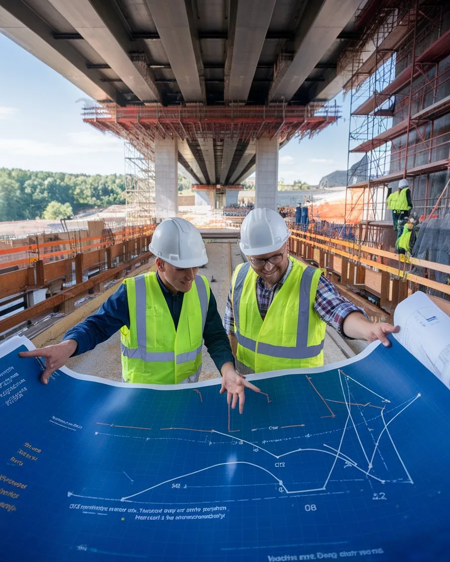 Two construction workers in hard hats and safety vests review large blueprints under a partially constructed concrete bridge with scaffolding on the r