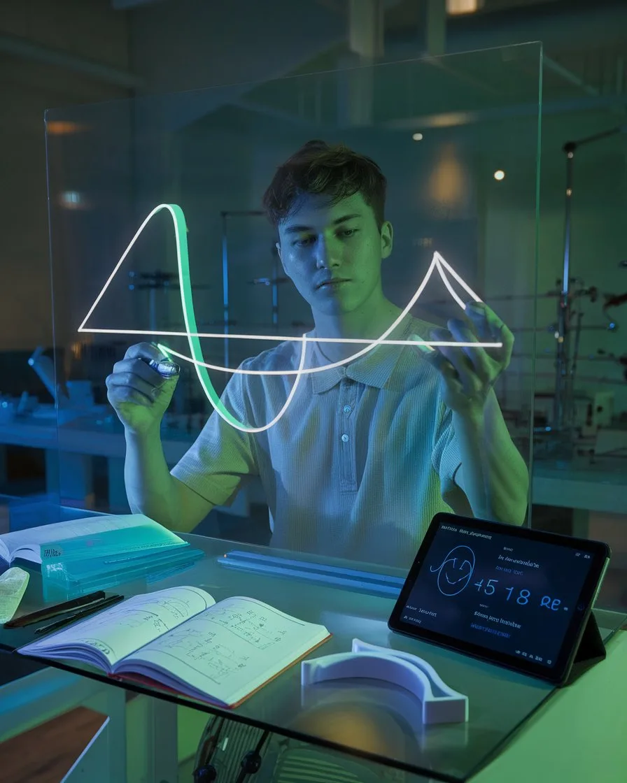 A young man with light skin and brown hair is intently drawing glowing white and green lines on a transparent pane of glass in a dimly lit, futuristic