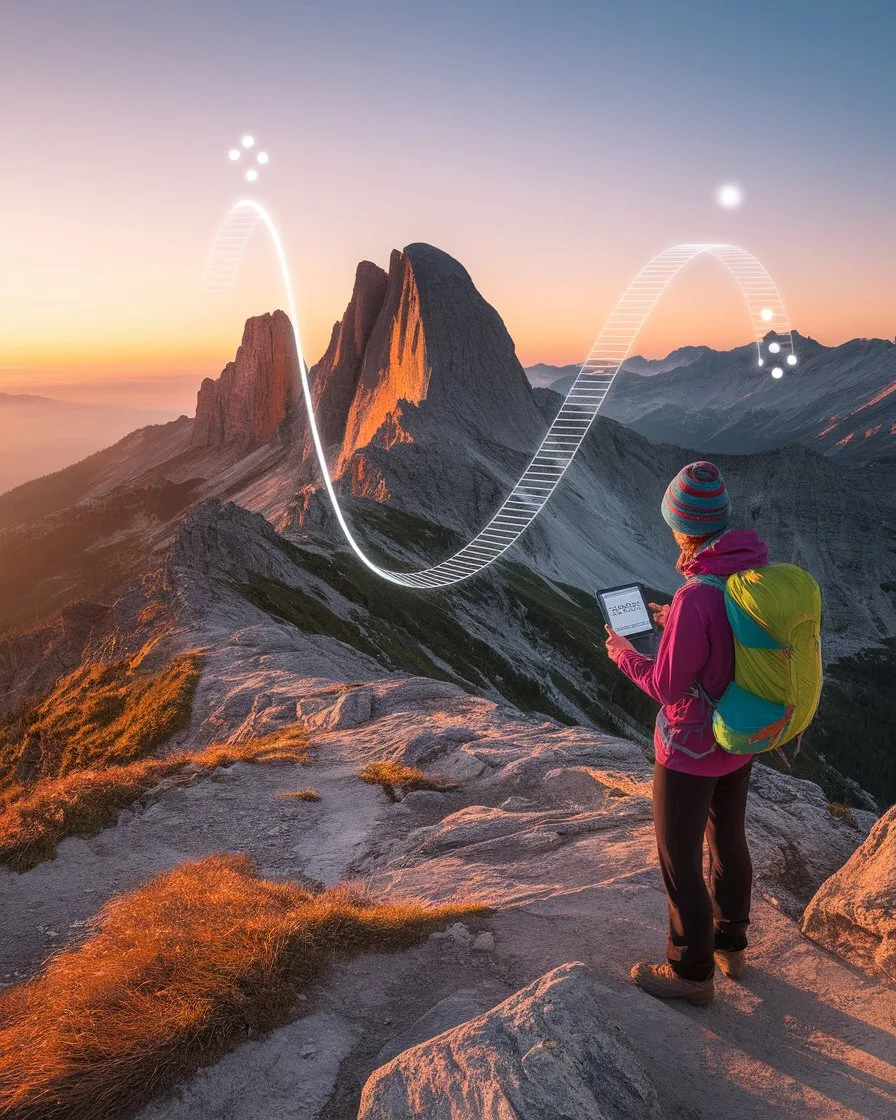 A hiker with a yellow backpack and a beanie stands on a rocky mountain peak at sunset, looking at a digital tablet. A glowing, wavy line with white do