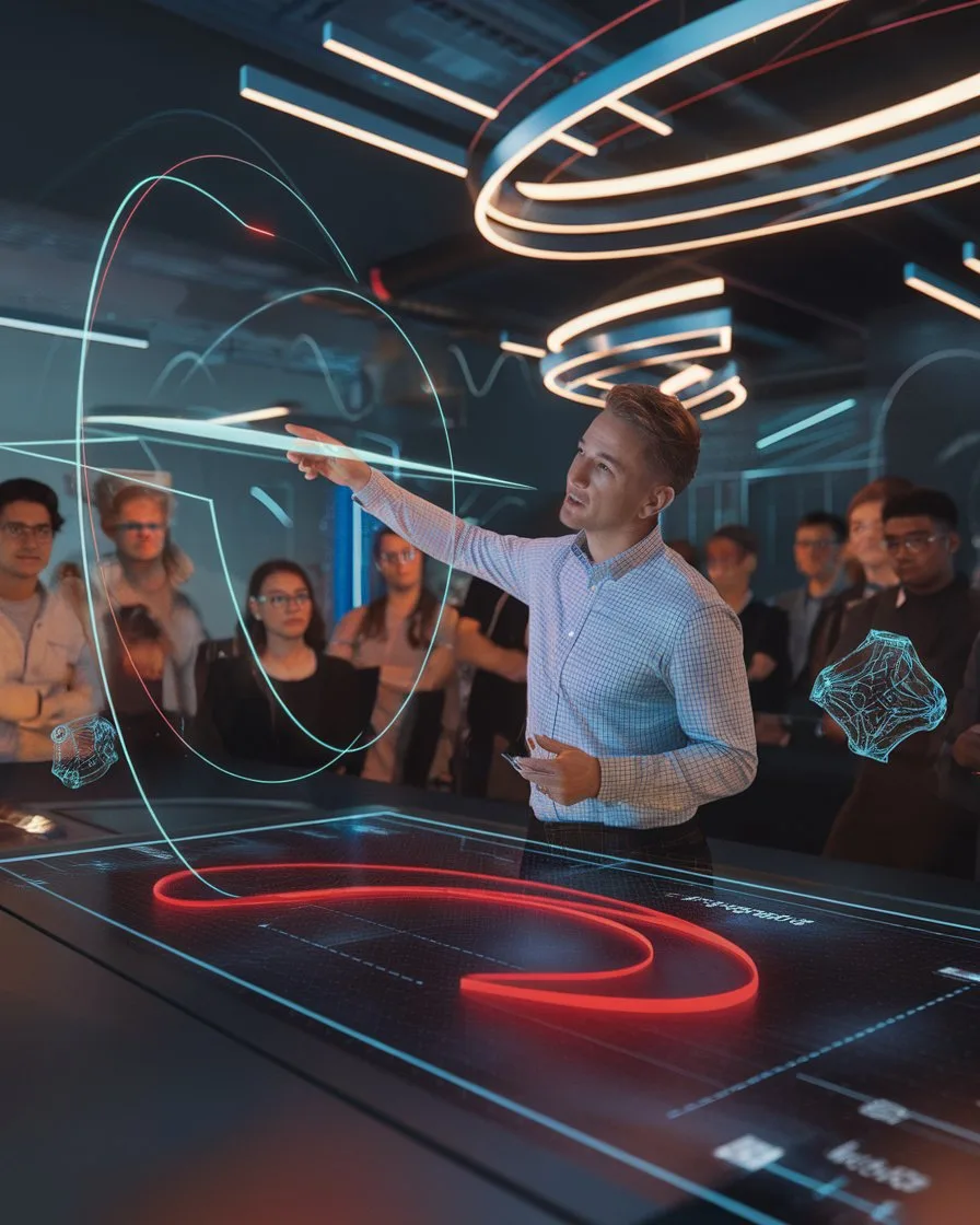 A man in a light blue shirt gestures towards a series of glowing blue and red holographic projections in a dimly lit, futuristic meeting room, while a
