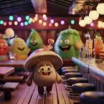 A stylized 3D animation shows a mushroom character happily walking through a lively bar where other fruit and vegetable characters are socializing, an
