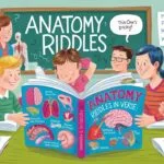 A colorful illustration depicts a diverse group of elementary school children and their teacher gathered around a large open book titled "Anatomy Ridd