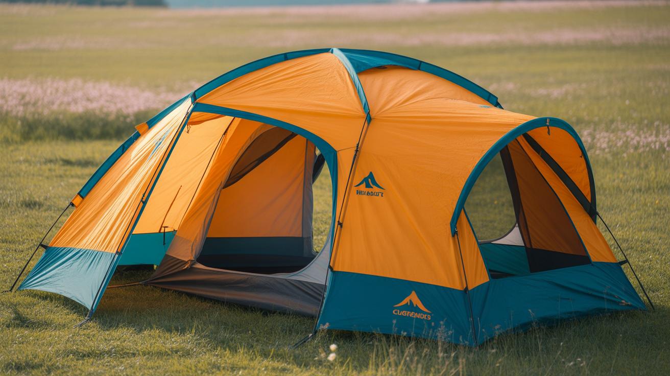 A large orange and teal camping tent is set up on green grass in an open field under clear daylight, with both its front and side doors open.