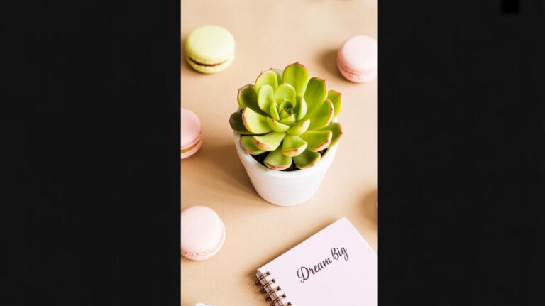A small potted succulent sits on a beige surface surrounded by colorful macarons, with a spiral notebook in the corner displaying the words Dream big.
