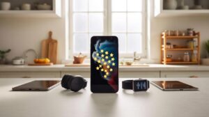A smartphone displaying a cluster of yellow stars on its screen stands on a kitchen counter, surrounded by a tablet, headphones, smartwatch, and another tablet, with bright kitchen shelves and windows in the background.