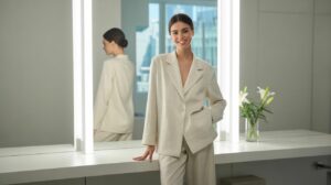 A woman in a light-colored suit stands by a modern vanity with a large mirror and bright lights. She smiles at the camera, while her reflection shows her from behind. A vase with white lilies is on the counter.