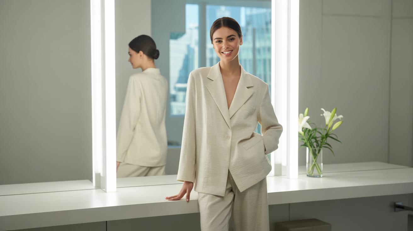 A woman in a light-colored suit stands by a modern vanity with a large mirror and bright lights. She smiles at the camera, while her reflection shows her from behind. A vase with white lilies is on the counter.