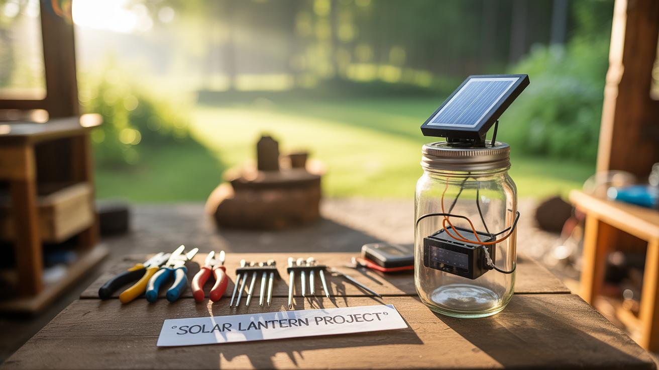 A DIY solar lantern sits on a wooden table outdoors, made from a mason jar with a solar panel lid. Tools and components are neatly arranged nearby, along with a sign reading “Solar Lantern Project.” Sunlight filters through trees.