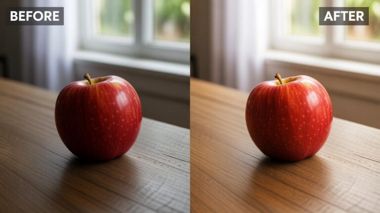 Side-by-side images of a red apple on a wooden table, labeled Before and After. The After image appears brighter and warmer, with enhanced lighting and colors compared to the Before image.